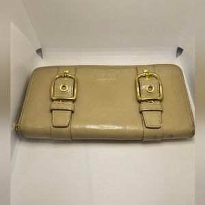 Coach double buckle patent leather wallet tan